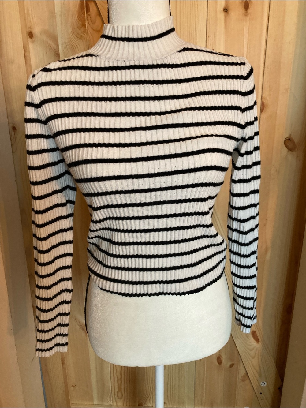 Ultra Flirt Black & White Striped Ribbed Mock Neck Long Sleeve Top